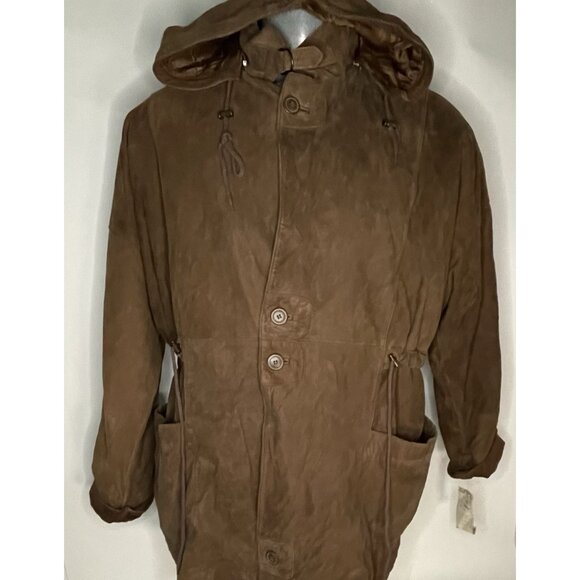 Vintage 80s sz XXL J Elkins by Alamo Uomo Brown Suede Leather Long Jacket Lined